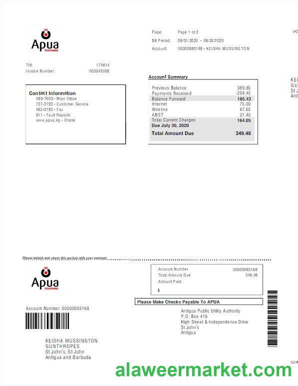 ANTIGUA AND BARBUDA APUA utility bill Word and PDF template